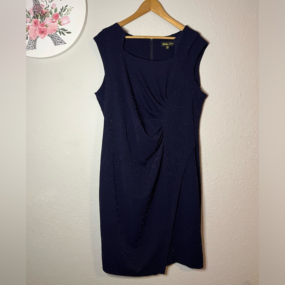 Navy Blue Knee Length Semi formal to Formal Sleeveless Dress with Silver Sparkle